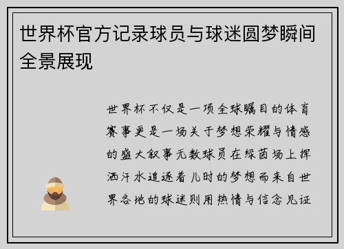 世界杯官方记录球员与球迷圆梦瞬间全景展现
