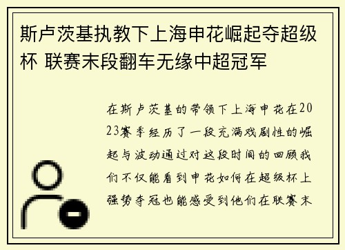 斯卢茨基执教下上海申花崛起夺超级杯 联赛末段翻车无缘中超冠军